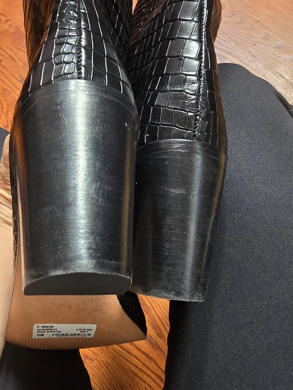 Schutz Analeah Black Leather Croc Embossed Knee High Boots Block Heel Size 10 B